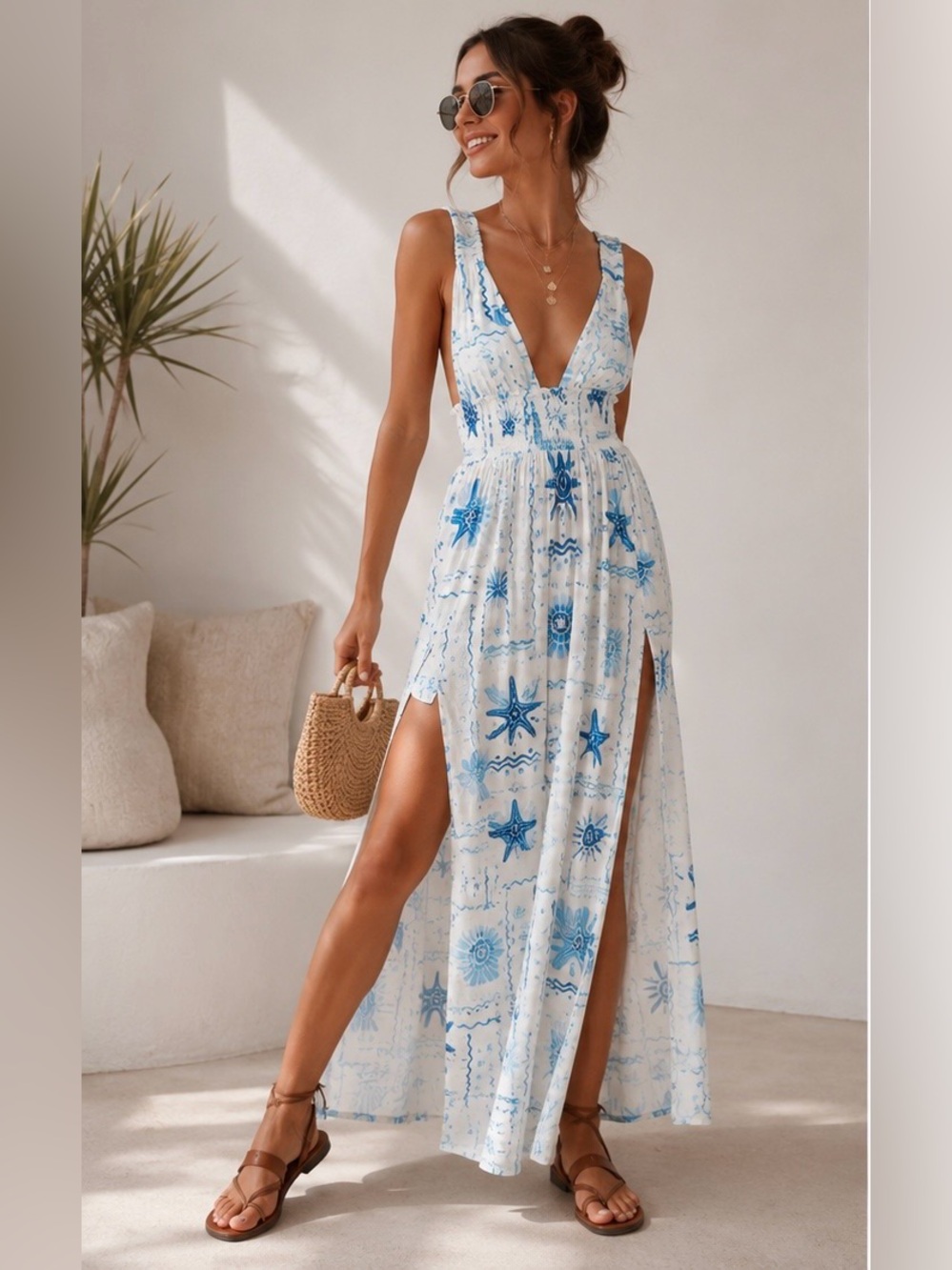 Ocean Drive Coastal Boho Wide Leg Slit Jumpsuit Beach Vacation Outfit